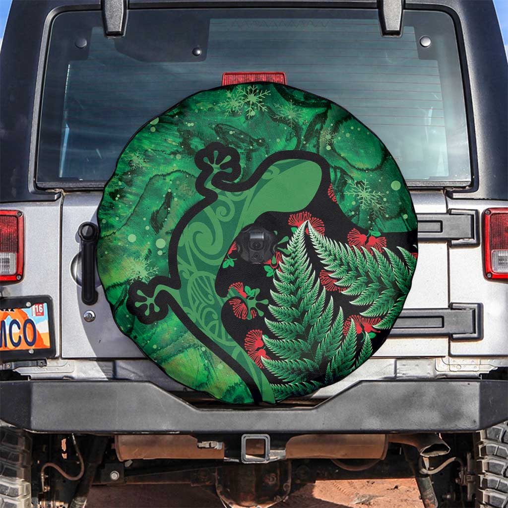 New Zealand Gecko Christmas Spare Tire Cover Meri Kirihimete Paua Shell Mix Pohutukawa LT14 Green - Polynesian Pride