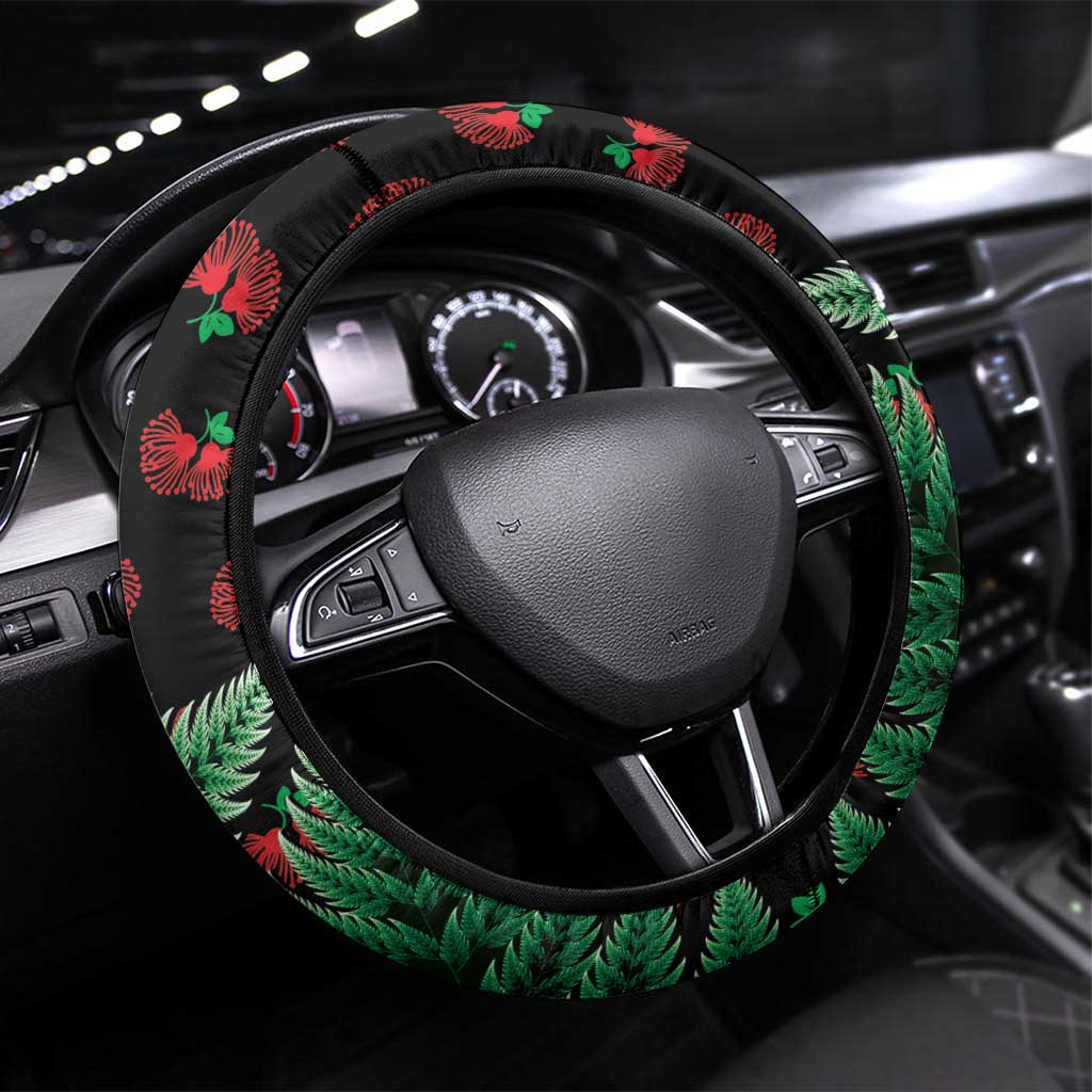 New Zealand Gecko Christmas Steering Wheel Cover Meri Kirihimete Paua Shell Mix Pohutukawa LT14 Universal Fit Green - Polynesian Pride