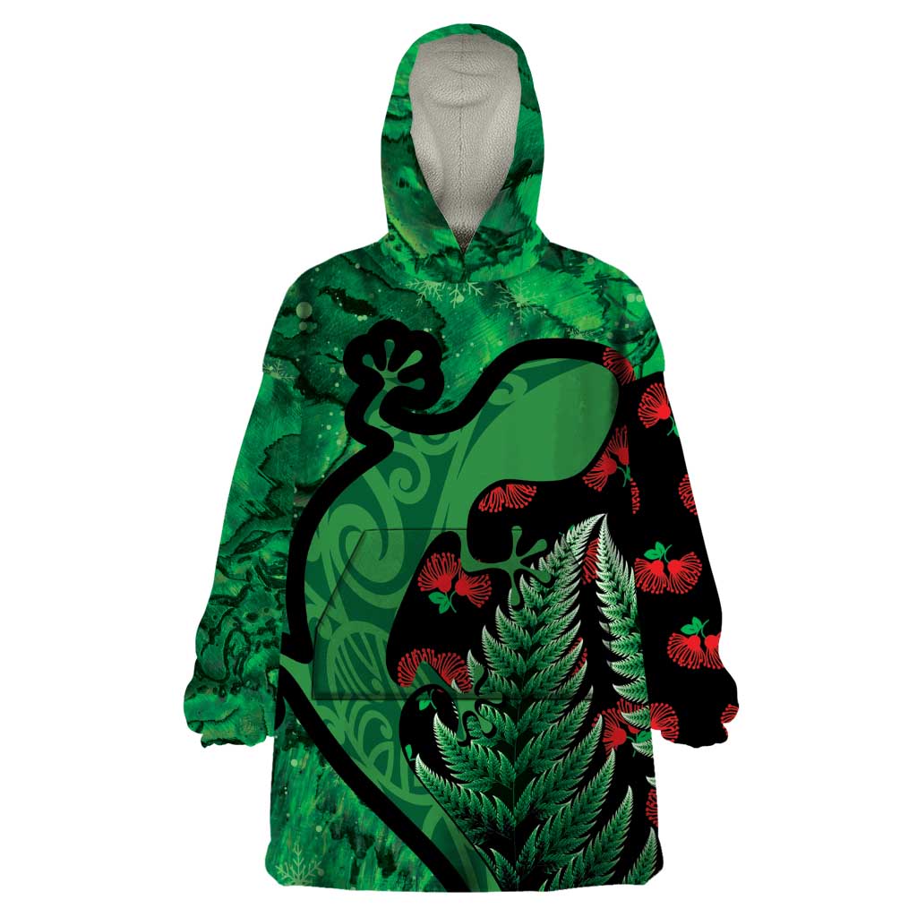 New Zealand Gecko Christmas Wearable Blanket Hoodie Meri Kirihimete Paua Shell Mix Pohutukawa