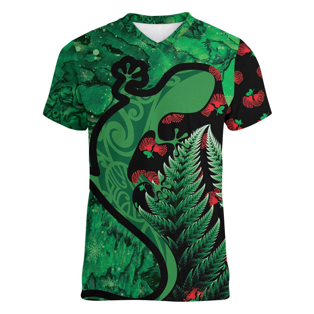 New Zealand Gecko Christmas Women V-Neck T-Shirt Meri Kirihimete Paua Shell Mix Pohutukawa LT14 Female Green - Polynesian Pride