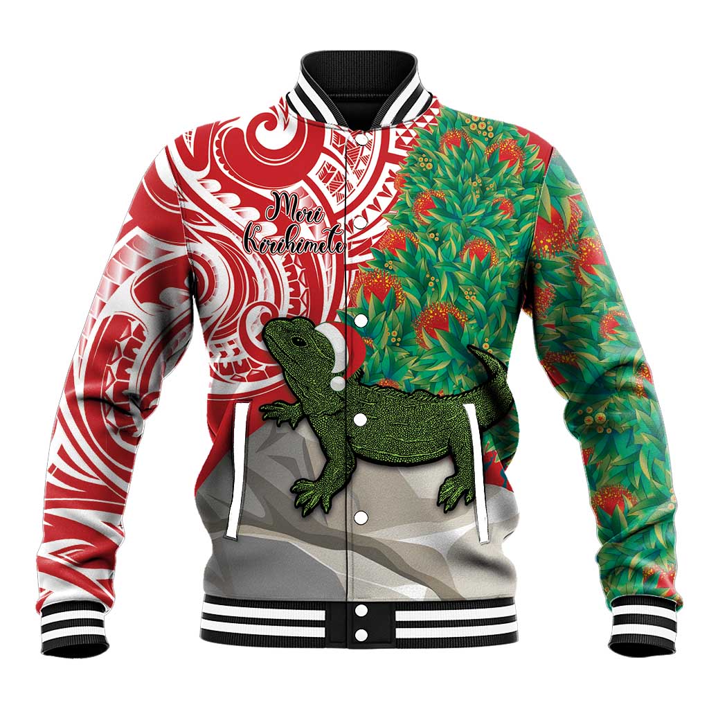 Personalised New Zealand Tuatara Christmas Baseball Jacket Meri Kirihimete Aotearoa Maori Mix Pohutukawa LT14 Unisex Red - Polynesian Pride