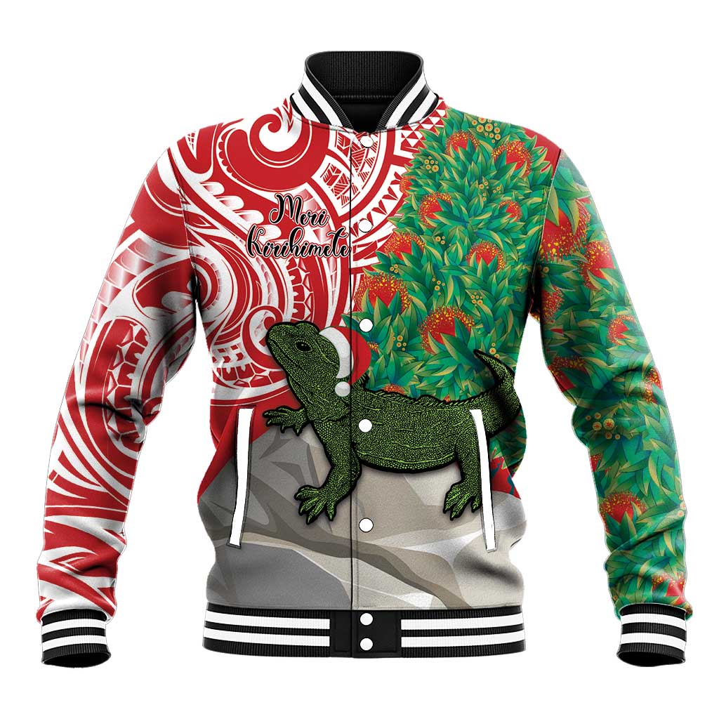 Personalised New Zealand Tuatara Christmas Baseball Jacket Meri Kirihimete Aotearoa Maori Mix Pohutukawa