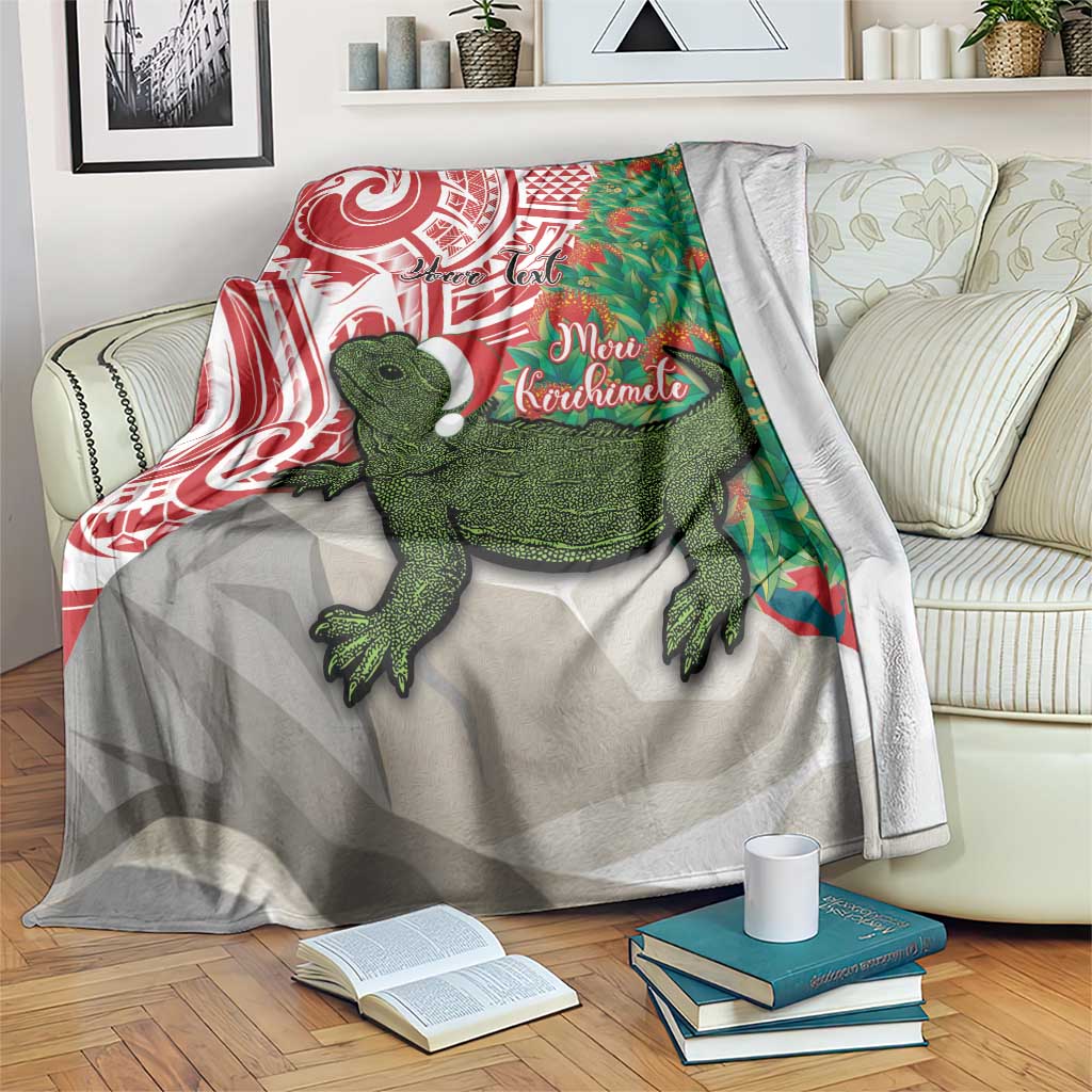 Personalised New Zealand Tuatara Christmas Blanket Meri Kirihimete Aotearoa Maori Mix Pohutukawa