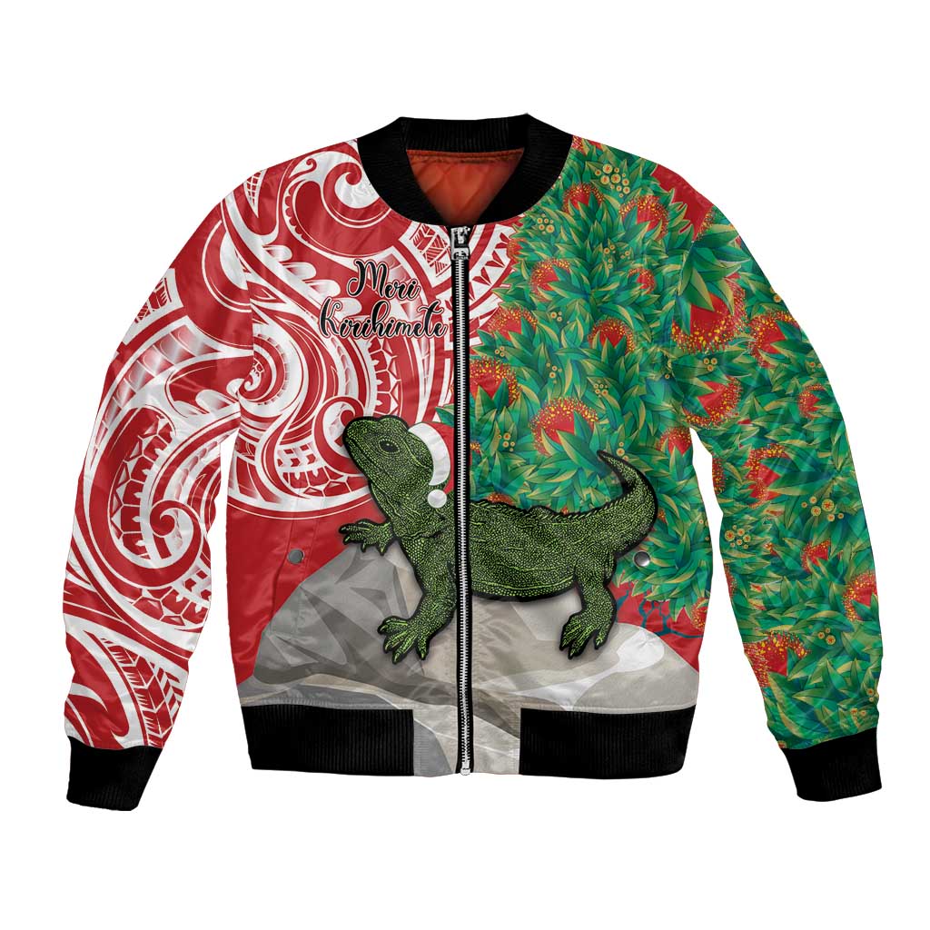 Personalised New Zealand Tuatara Christmas Bomber Jacket Meri Kirihimete Aotearoa Maori Mix Pohutukawa