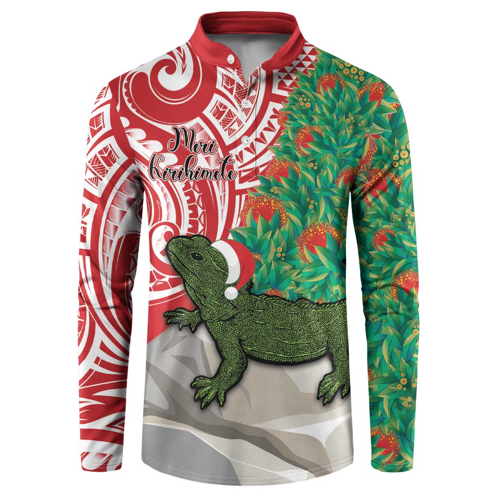 Personalised New Zealand Tuatara Christmas Button Sweatshirt Meri Kirihimete Aotearoa Maori Mix Pohutukawa LT14 Red - Polynesian Pride