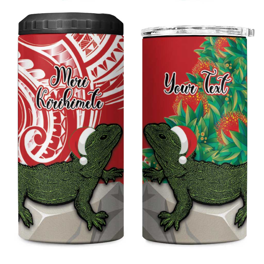 Personalised New Zealand Tuatara Christmas 4 in 1 Can Cooler Tumbler Meri Kirihimete Aotearoa Maori Mix Pohutukawa