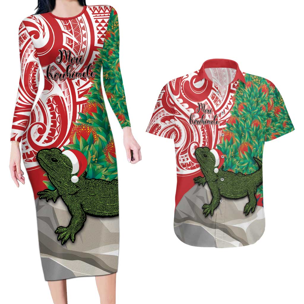 Personalised New Zealand Tuatara Christmas Couples Matching Long Sleeve Bodycon Dress and Hawaiian Shirt Meri Kirihimete Aotearoa Maori Mix Pohutukawa