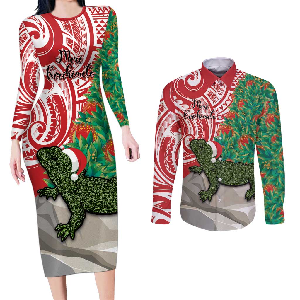 Personalised New Zealand Tuatara Christmas Couples Matching Long Sleeve Bodycon Dress and Long Sleeve Button Shirt Meri Kirihimete Aotearoa Maori Mix Pohutukawa