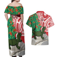 Personalised New Zealand Tuatara Christmas Couples Matching Off Shoulder Maxi Dress and Hawaiian Shirt Meri Kirihimete Aotearoa Maori Mix Pohutukawa