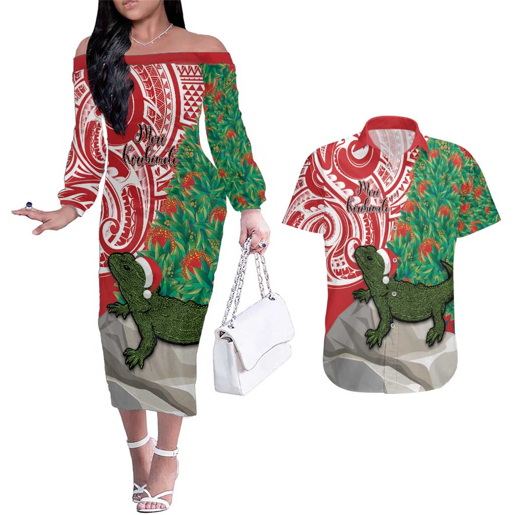 Personalised New Zealand Tuatara Christmas Couples Matching Off The Shoulder Long Sleeve Dress and Hawaiian Shirt Meri Kirihimete Aotearoa Maori Mix Pohutukawa