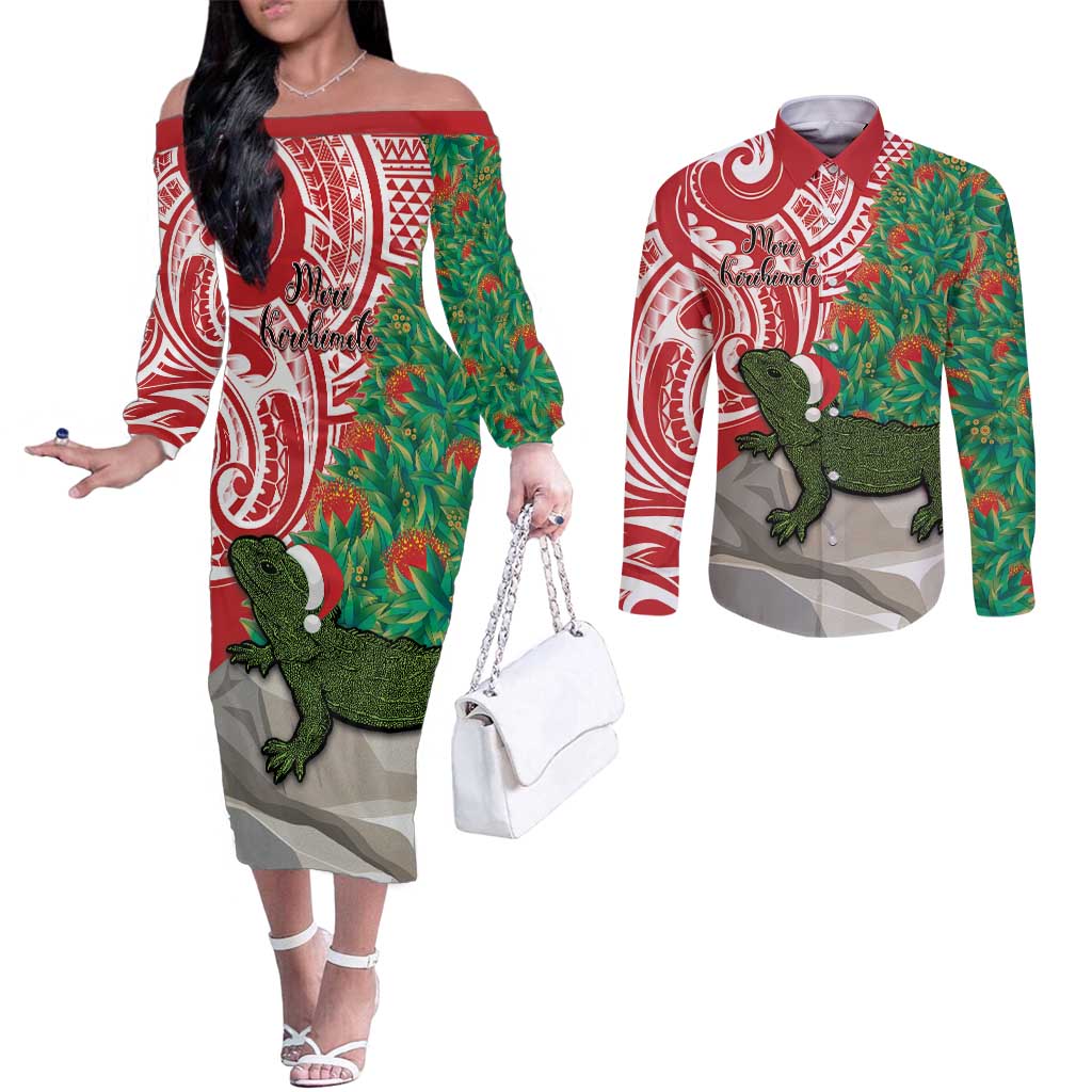 Personalised New Zealand Tuatara Christmas Couples Matching Off The Shoulder Long Sleeve Dress and Long Sleeve Button Shirt Meri Kirihimete Aotearoa Maori Mix Pohutukawa