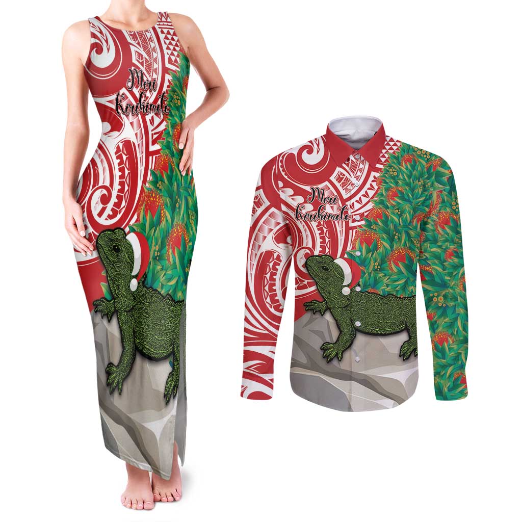 Personalised New Zealand Tuatara Christmas Couples Matching Tank Maxi Dress and Long Sleeve Button Shirt Meri Kirihimete Aotearoa Maori Mix Pohutukawa