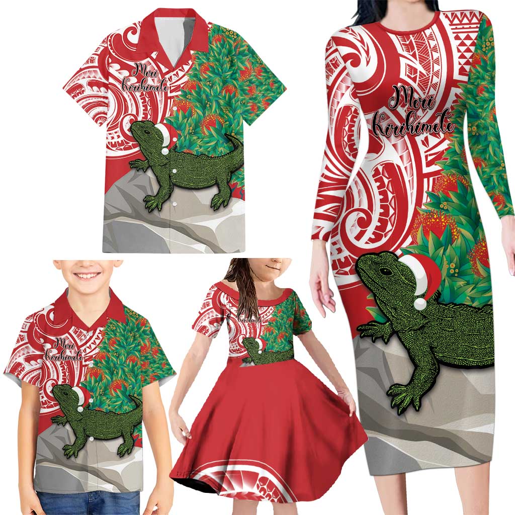 Personalised New Zealand Tuatara Christmas Family Matching Long Sleeve Bodycon Dress and Hawaiian Shirt Meri Kirihimete Aotearoa Maori Mix Pohutukawa