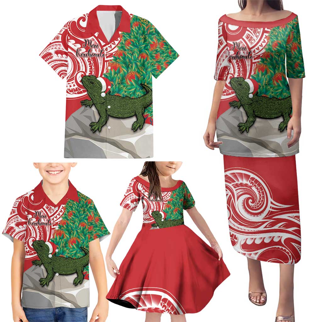 Personalised New Zealand Tuatara Christmas Family Matching Puletasi and Hawaiian Shirt Meri Kirihimete Aotearoa Maori Mix Pohutukawa