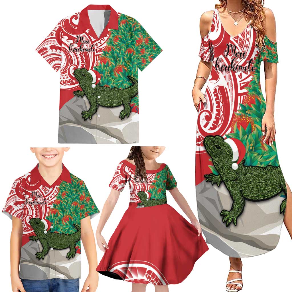 Personalised New Zealand Tuatara Christmas Family Matching Summer Maxi Dress and Hawaiian Shirt Meri Kirihimete Aotearoa Maori Mix Pohutukawa