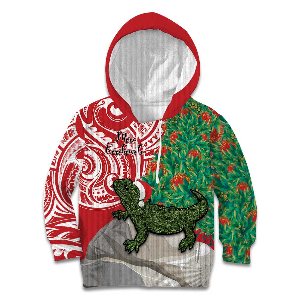 Personalised New Zealand Tuatara Christmas Kid Hoodie Meri Kirihimete Aotearoa Maori Mix Pohutukawa