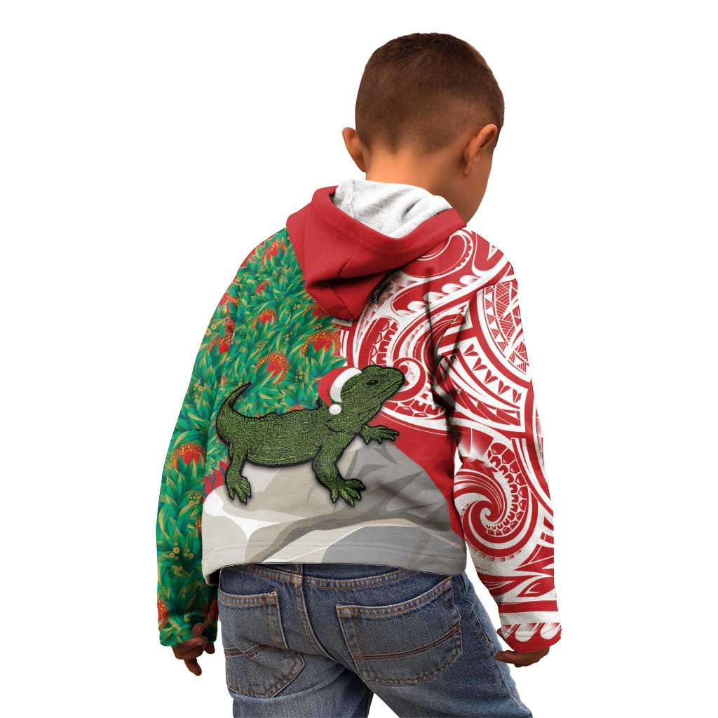 Personalised New Zealand Tuatara Christmas Kid Hoodie Meri Kirihimete Aotearoa Maori Mix Pohutukawa