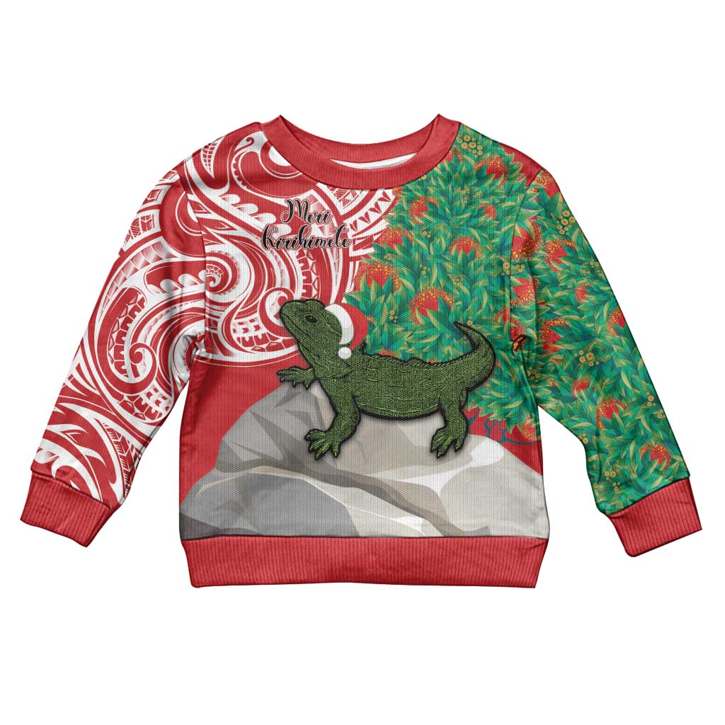 Personalised New Zealand Tuatara Christmas Kid Ugly Christmas Sweater Meri Kirihimete Aotearoa Maori Mix Pohutukawa