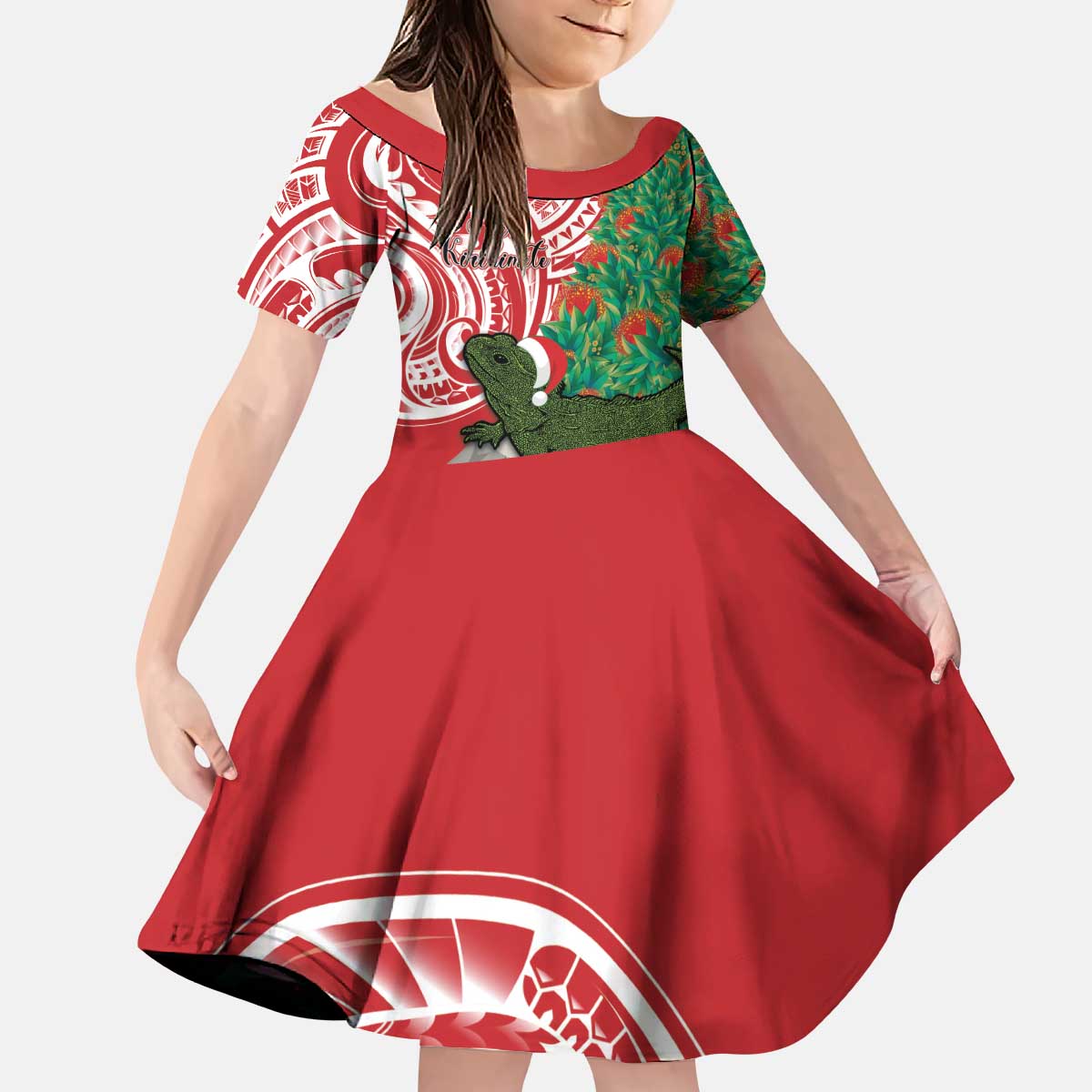 Personalised New Zealand Tuatara Christmas Kid Short Sleeve Dress Meri Kirihimete Aotearoa Maori Mix Pohutukawa