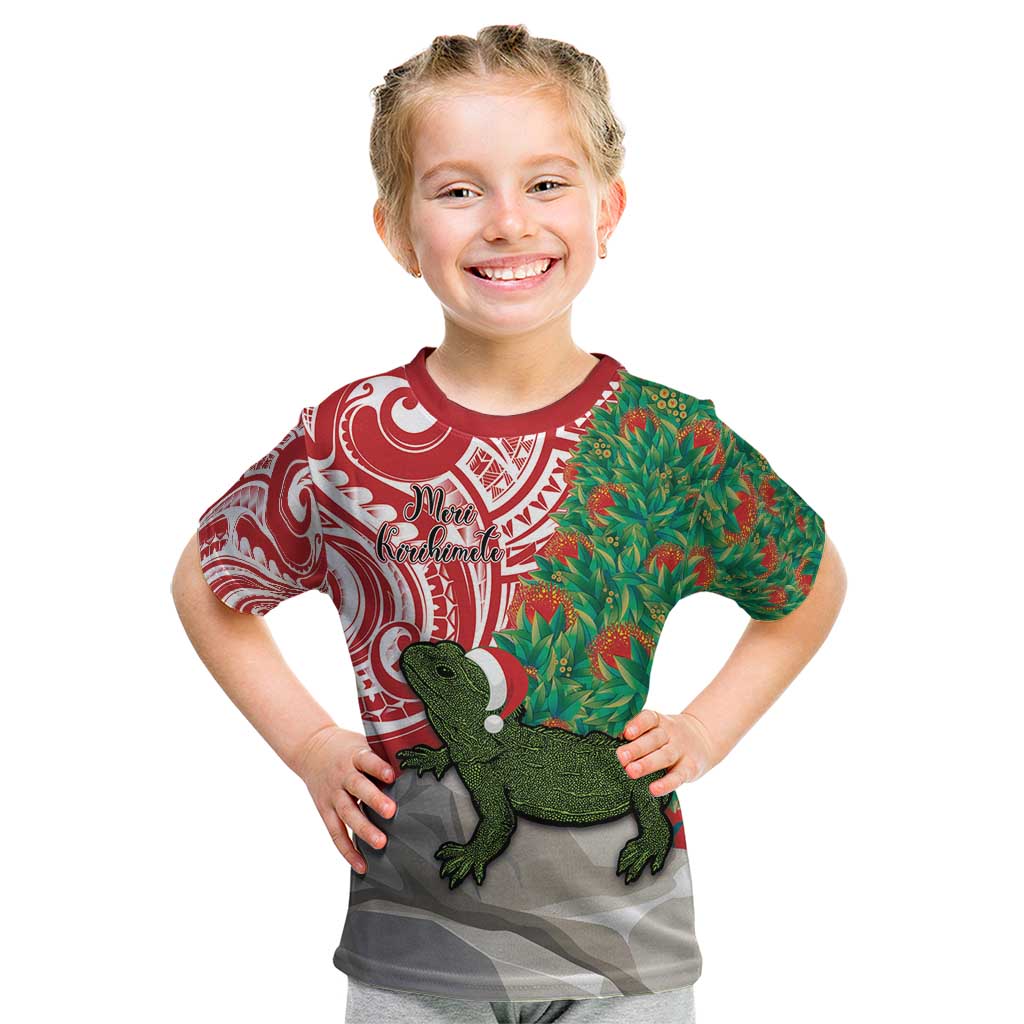 Personalised New Zealand Tuatara Christmas Kid T Shirt Meri Kirihimete Aotearoa Maori Mix Pohutukawa