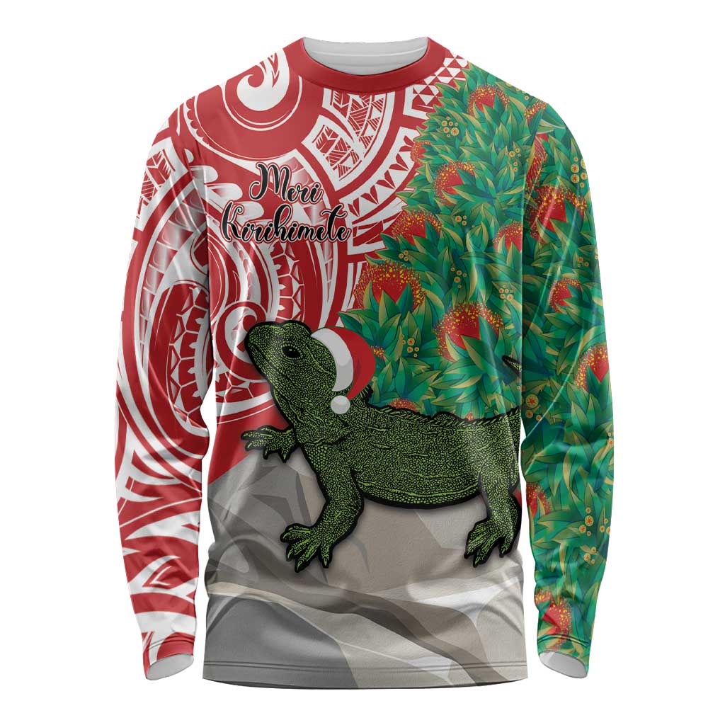 Personalised New Zealand Tuatara Christmas Long Sleeve Shirt Meri Kirihimete Aotearoa Maori Mix Pohutukawa