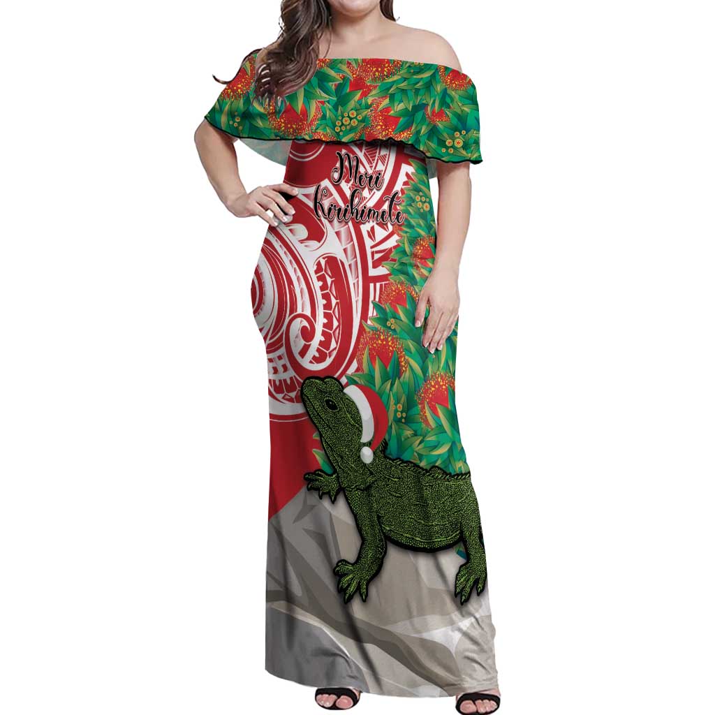 Personalised New Zealand Tuatara Christmas Off Shoulder Maxi Dress Meri Kirihimete Aotearoa Maori Mix Pohutukawa