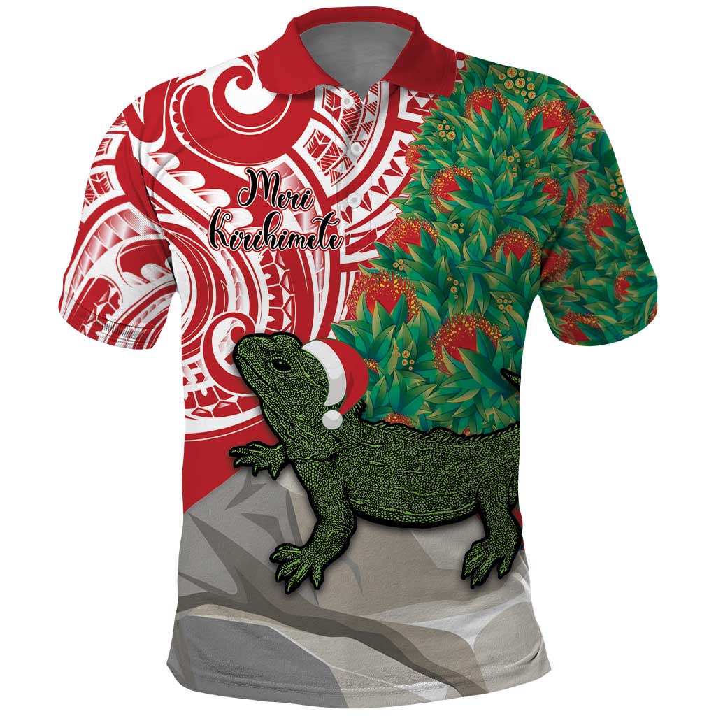 Personalised New Zealand Tuatara Christmas Polo Shirt Meri Kirihimete Aotearoa Maori Mix Pohutukawa