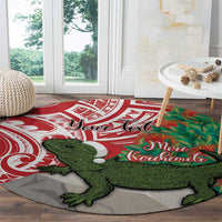 Personalised New Zealand Tuatara Christmas Round Carpet Meri Kirihimete Aotearoa Maori Mix Pohutukawa