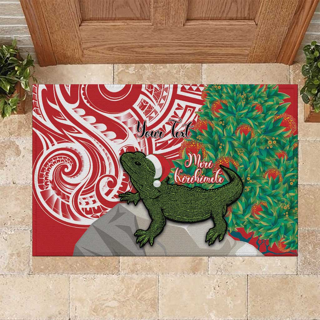 Personalised New Zealand Tuatara Christmas Rubber Doormat Meri Kirihimete Aotearoa Maori Mix Pohutukawa