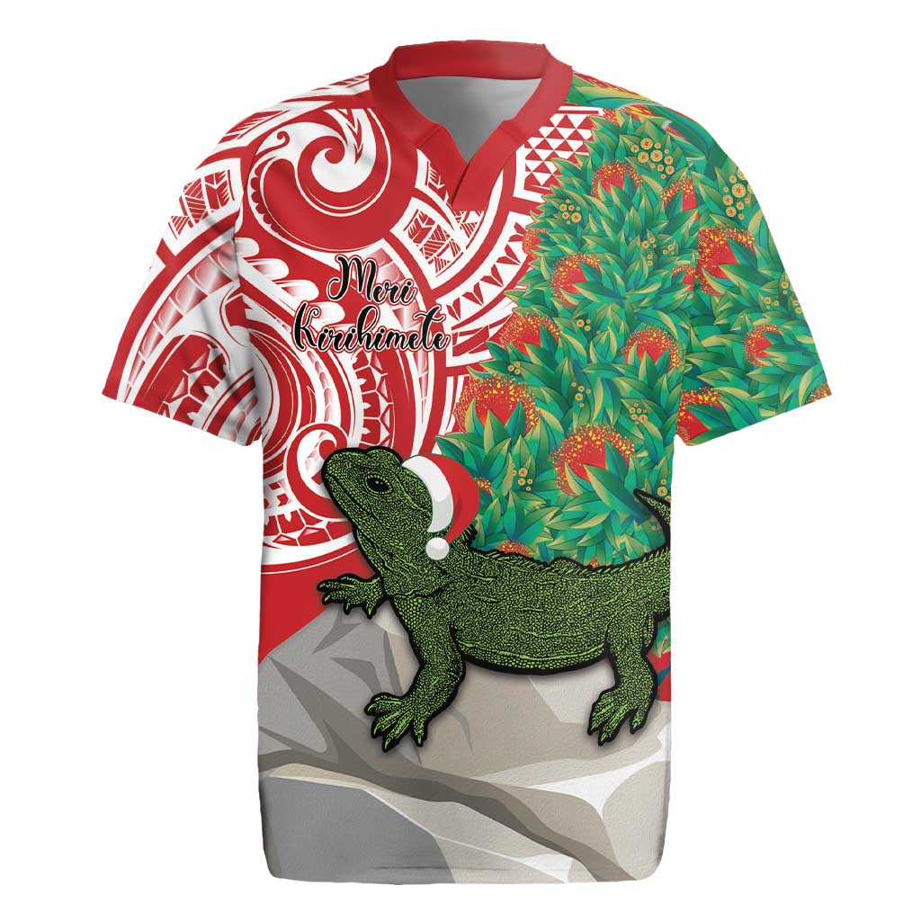 Personalised New Zealand Tuatara Christmas Rugby Jersey Meri Kirihimete Aotearoa Maori Mix Pohutukawa