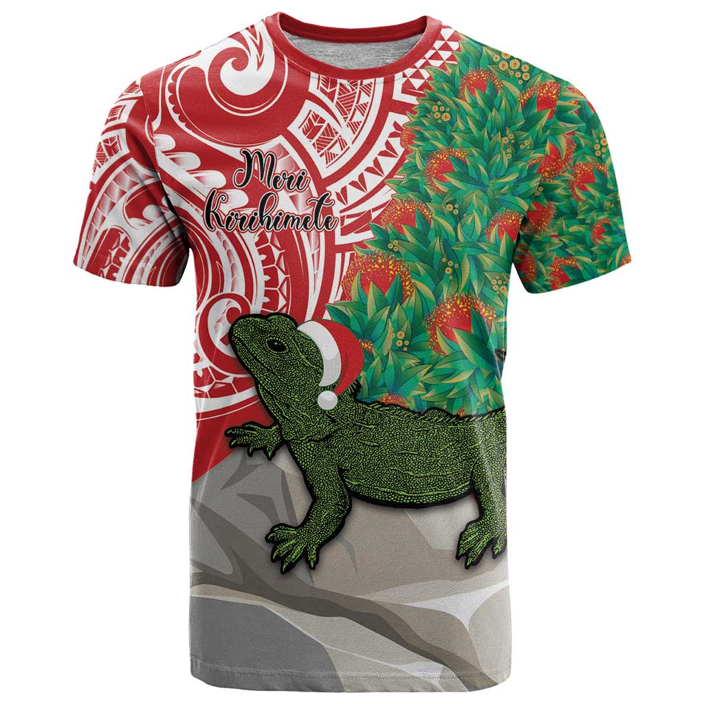 Personalised New Zealand Tuatara Christmas T Shirt Meri Kirihimete Aotearoa Maori Mix Pohutukawa LT14 Red - Polynesian Pride