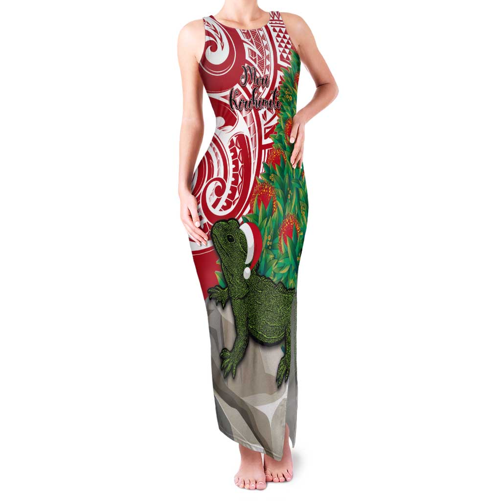 Personalised New Zealand Tuatara Christmas Tank Maxi Dress Meri Kirihimete Aotearoa Maori Mix Pohutukawa