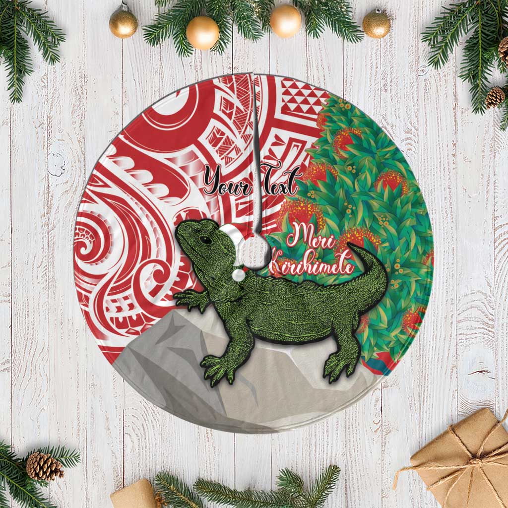 Personalised New Zealand Tuatara Christmas Tree Skirt Meri Kirihimete Aotearoa Maori Mix Pohutukawa