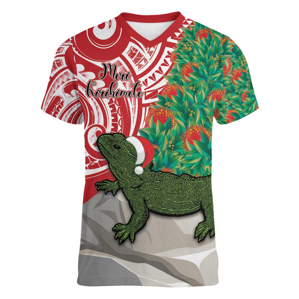 Personalised New Zealand Tuatara Christmas Women V-Neck T-Shirt Meri Kirihimete Aotearoa Maori Mix Pohutukawa LT14 Female Red - Polynesian Pride