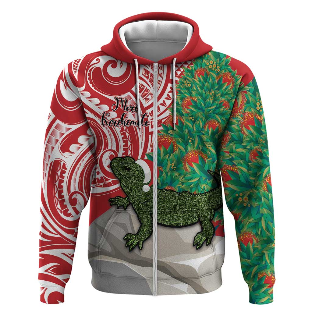 Personalised New Zealand Tuatara Christmas Zip Hoodie Meri Kirihimete Aotearoa Maori Mix Pohutukawa