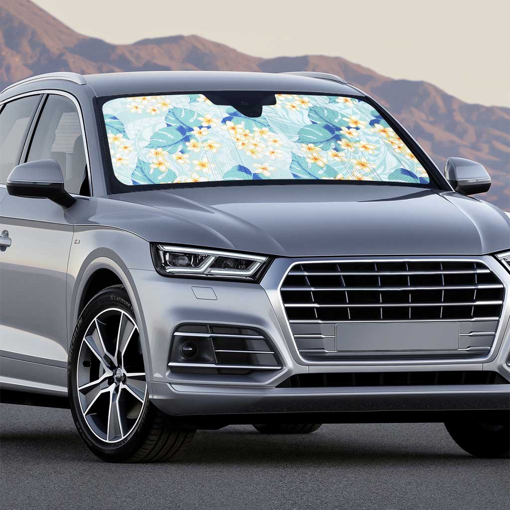 Pastel Cyan Tropical Hawaii Auto Sun Shade Seamless Monstera Plumeria Hawaiian Pattern - Polynesian Pride