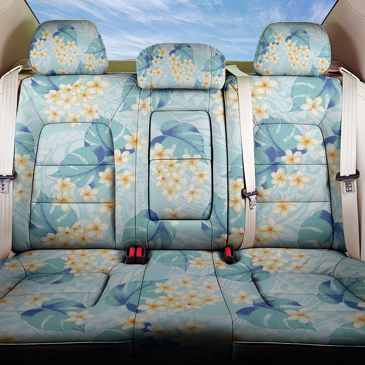 Pastel Cyan Tropical Hawaii Back Car Seat Cover Seamless Monstera Plumeria Hawaiian Pattern - Polynesian Pride