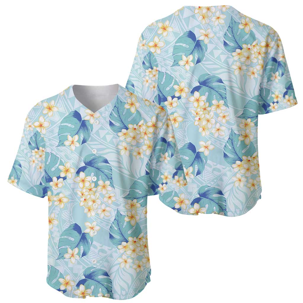 Pastel Cyan Tropical Hawaii Baseball Jersey Seamless Monstera Plumeria Hawaiian Pattern - Polynesian Pride