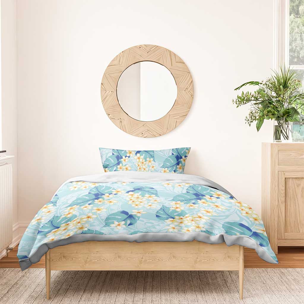 Pastel Cyan Tropical Hawaii Bedding Set Seamless Monstera Plumeria Hawaiian Pattern - Polynesian Pride