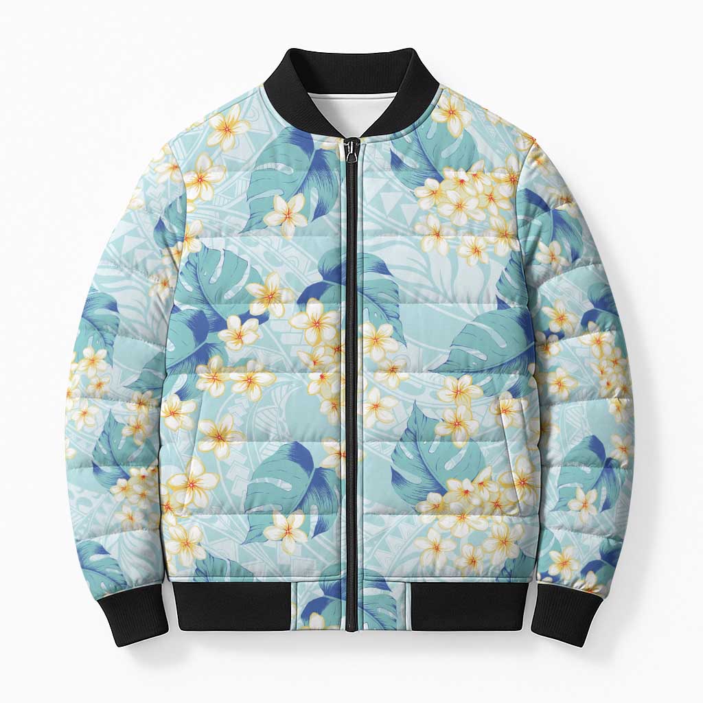 Pastel Cyan Tropical Hawaii Bomber Puffer Jacket Seamless Monstera Plumeria Hawaiian Pattern LT14 Unisex Pastel Cyan - Polynesian Pride