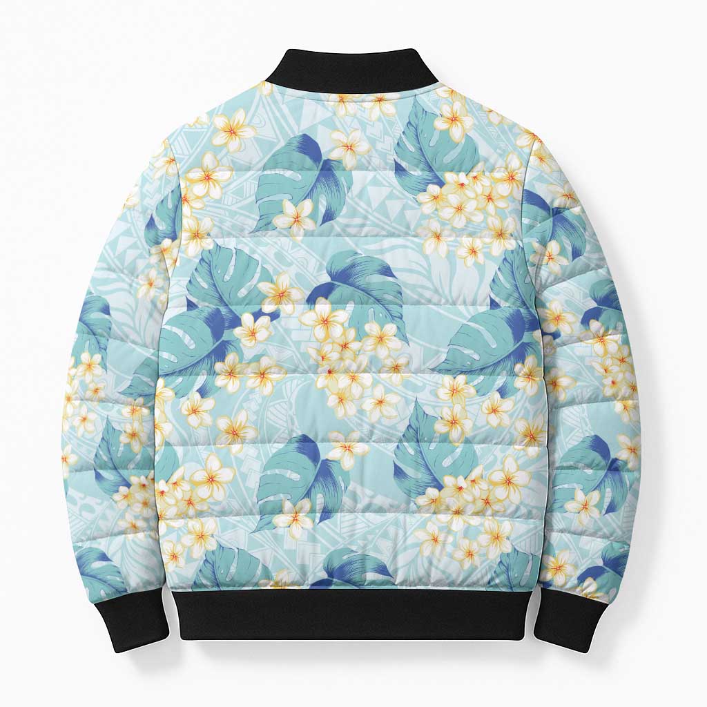 Pastel Cyan Tropical Hawaii Bomber Puffer Jacket Seamless Monstera Plumeria Hawaiian Pattern LT14 - Polynesian Pride