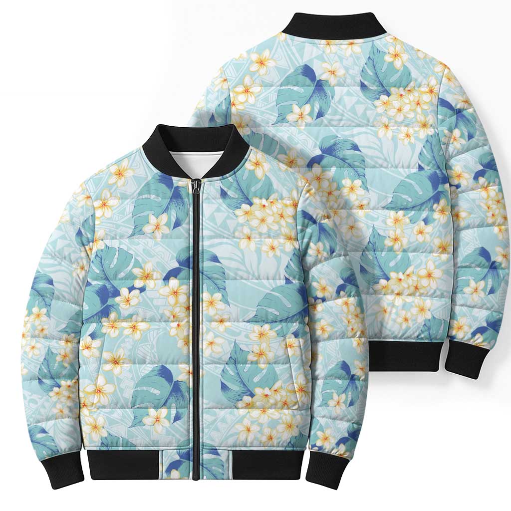 Pastel Cyan Tropical Hawaii Bomber Puffer Jacket Seamless Monstera Plumeria Hawaiian Pattern LT14 - Polynesian Pride