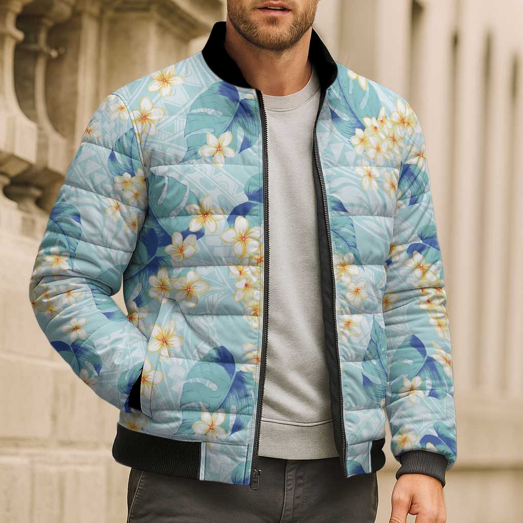 Pastel Cyan Tropical Hawaii Bomber Puffer Jacket Seamless Monstera Plumeria Hawaiian Pattern LT14 - Polynesian Pride