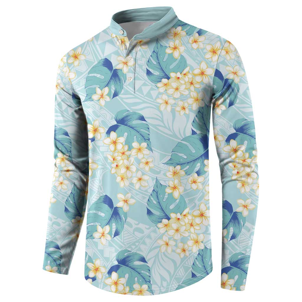 Pastel Cyan Tropical Hawaii Button Sweatshirt Seamless Monstera Plumeria Hawaiian Pattern LT14 - Polynesian Pride