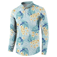 Pastel Cyan Tropical Hawaii Button Sweatshirt Seamless Monstera Plumeria Hawaiian Pattern LT14 - Polynesian Pride