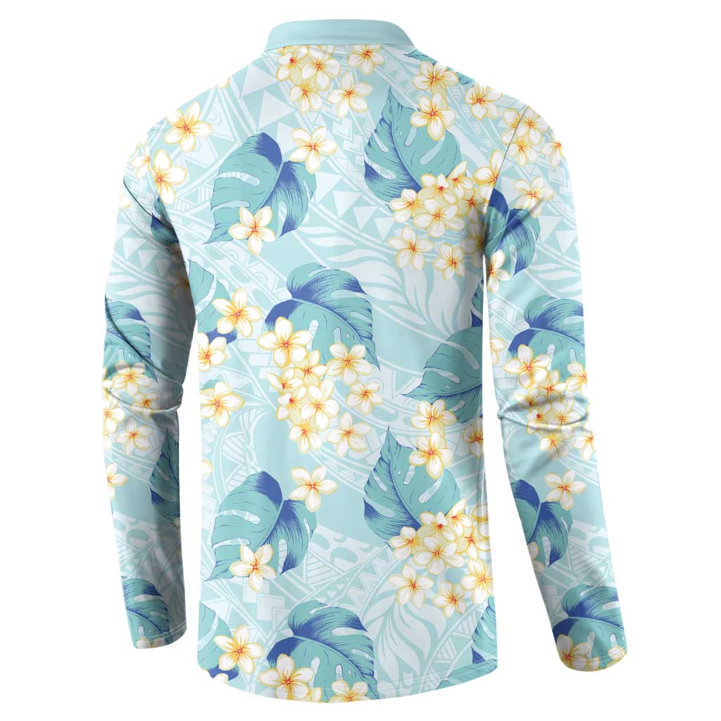 Pastel Cyan Tropical Hawaii Button Sweatshirt Seamless Monstera Plumeria Hawaiian Pattern LT14 - Polynesian Pride