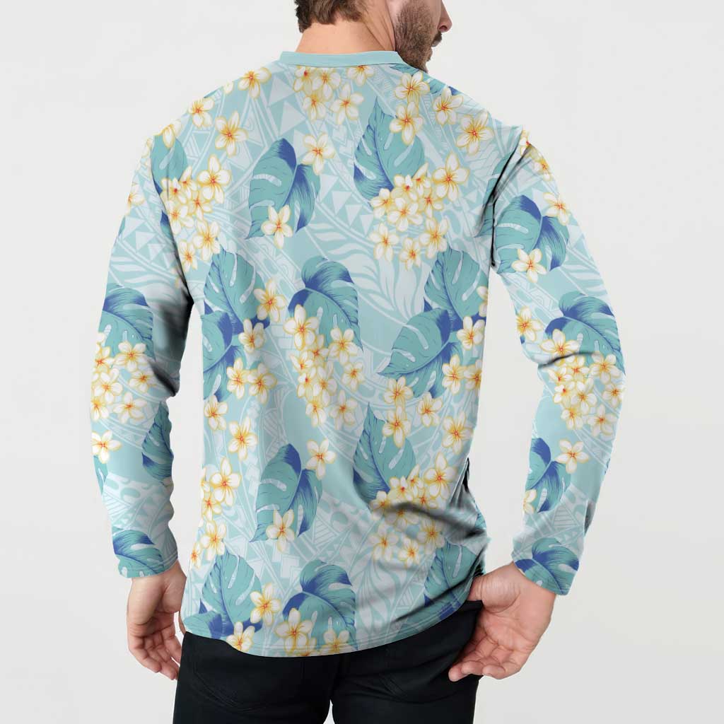 Pastel Cyan Tropical Hawaii Button Sweatshirt Seamless Monstera Plumeria Hawaiian Pattern LT14 - Polynesian Pride