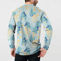 Pastel Cyan Tropical Hawaii Button Sweatshirt Seamless Monstera Plumeria Hawaiian Pattern LT14 - Polynesian Pride