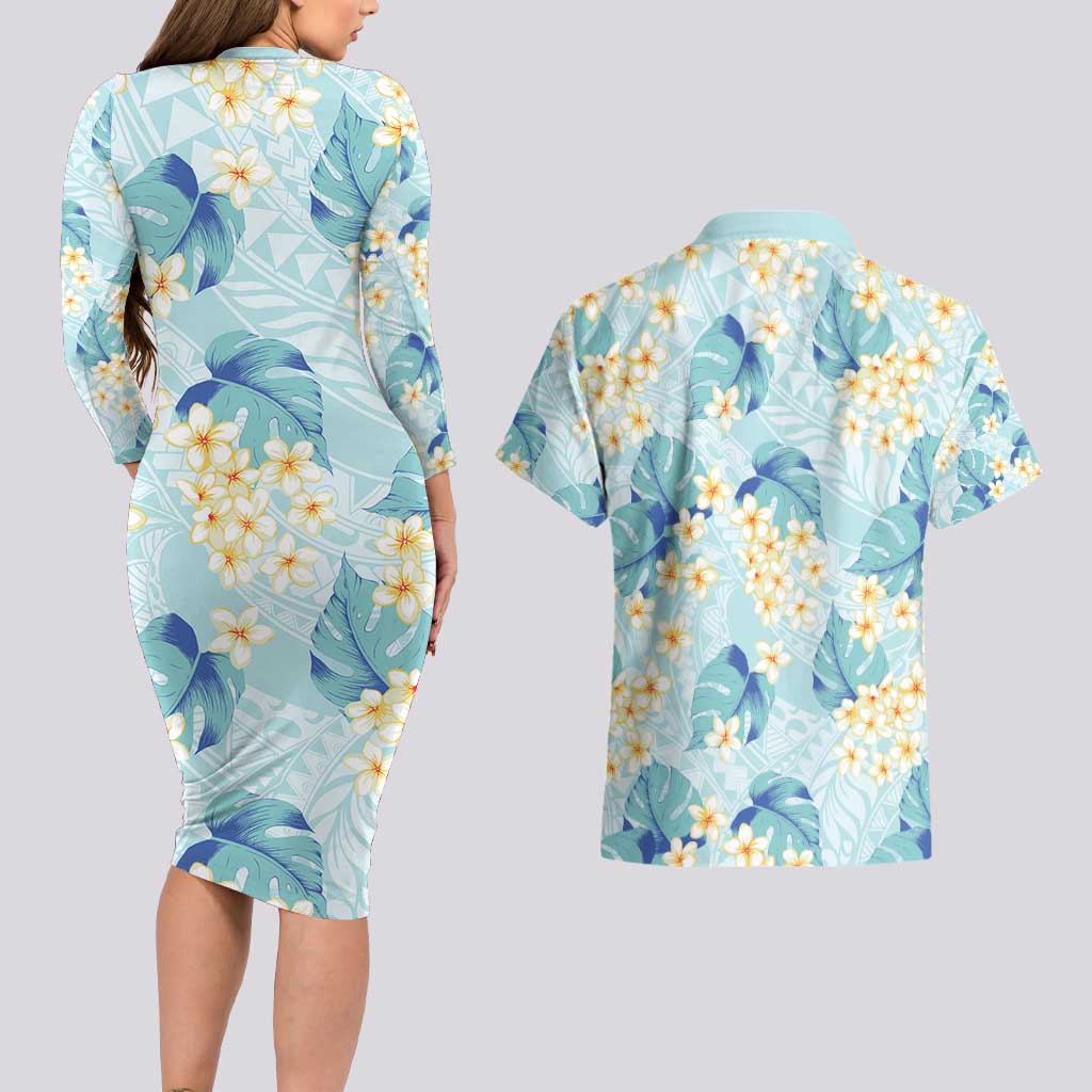 Pastel Cyan Tropical Hawaii Couples Matching Long Sleeve Bodycon Dress and Hawaiian Shirt Seamless Monstera Plumeria Hawaiian Pattern - Polynesian Pride