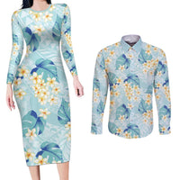 Pastel Cyan Tropical Hawaii Couples Matching Long Sleeve Bodycon Dress and Long Sleeve Button Shirt Seamless Monstera Plumeria Hawaiian Pattern - Polynesian Pride